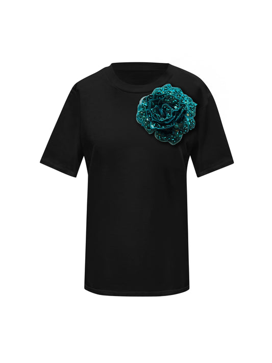 Black Cotton T-Shirt With Green Sided Rose