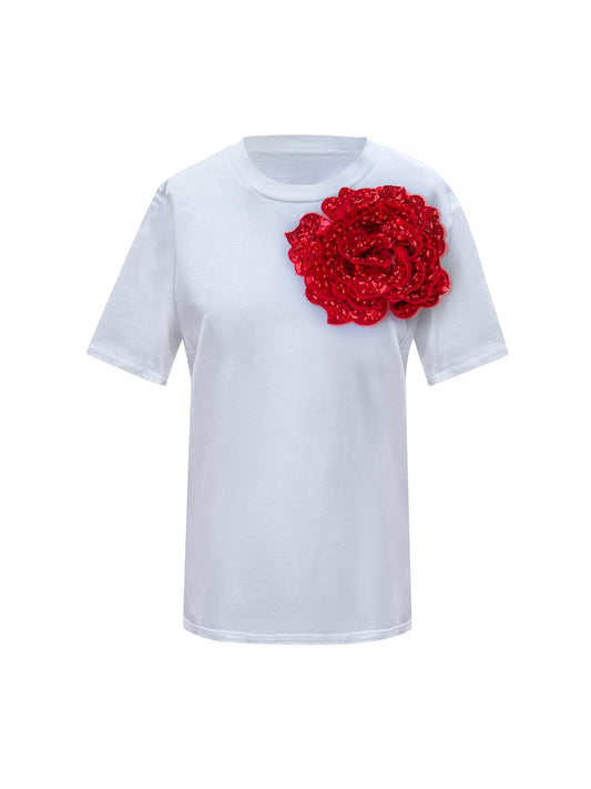 Summer Cotton T-Shirt With Side Red Sequin Rose