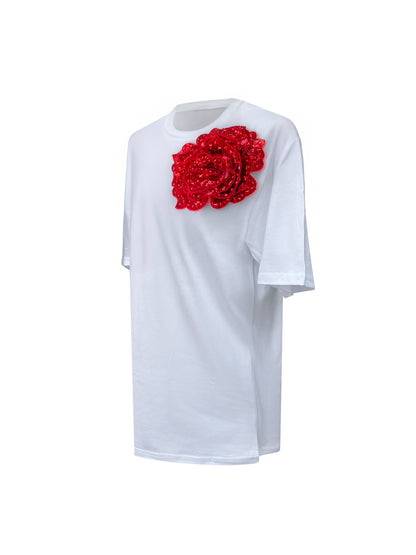 Summer Cotton T-Shirt With Side Red Sequin Rose
