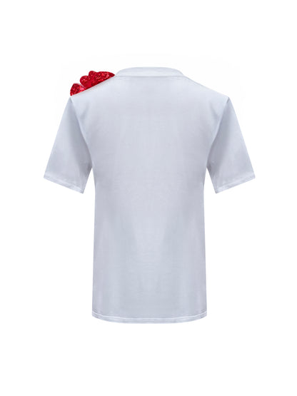 Summer Cotton T-Shirt With Side Red Sequin Rose