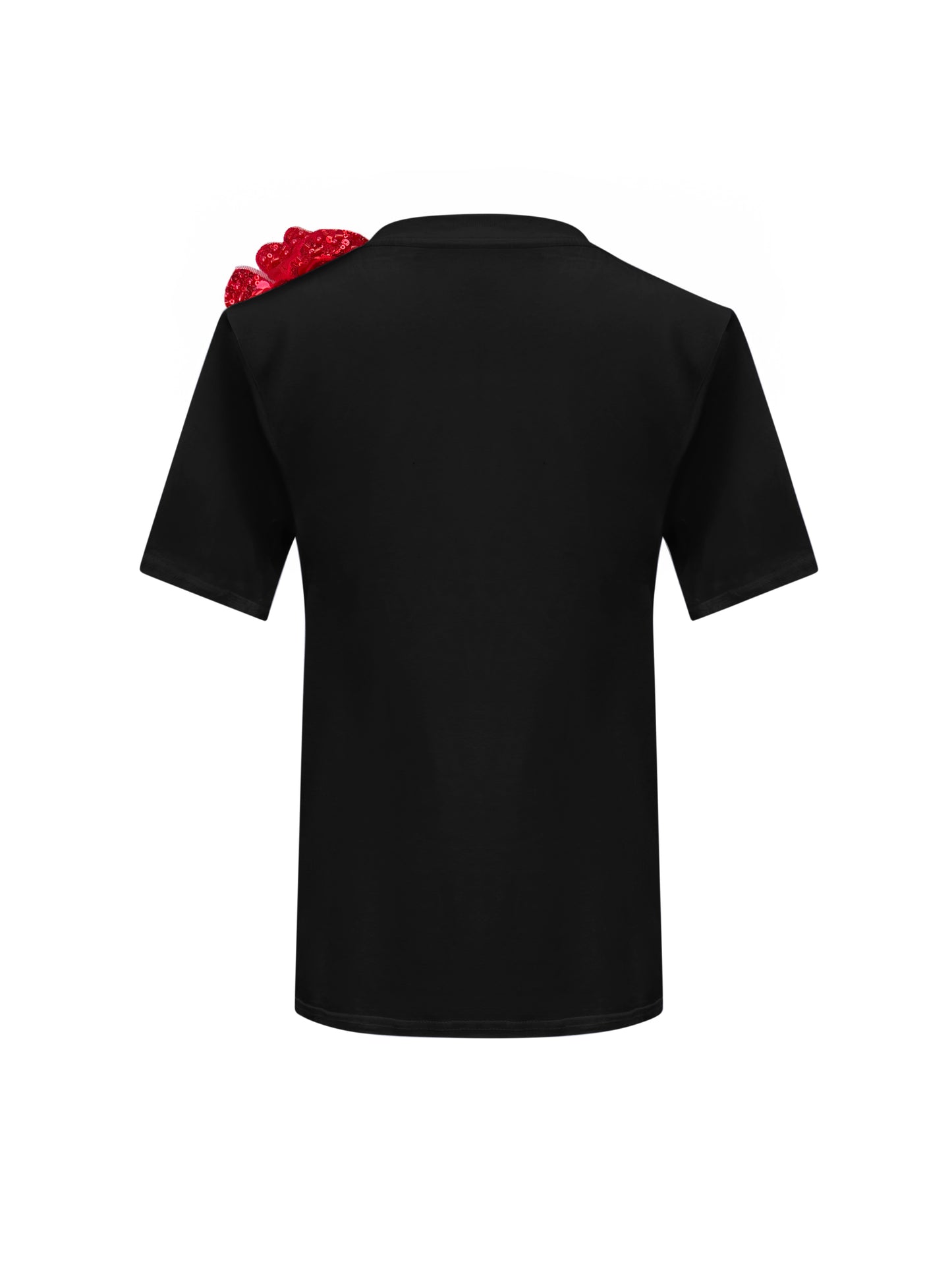 Summer Black Cotton T-Shirt With Red Sided Sequin Rose