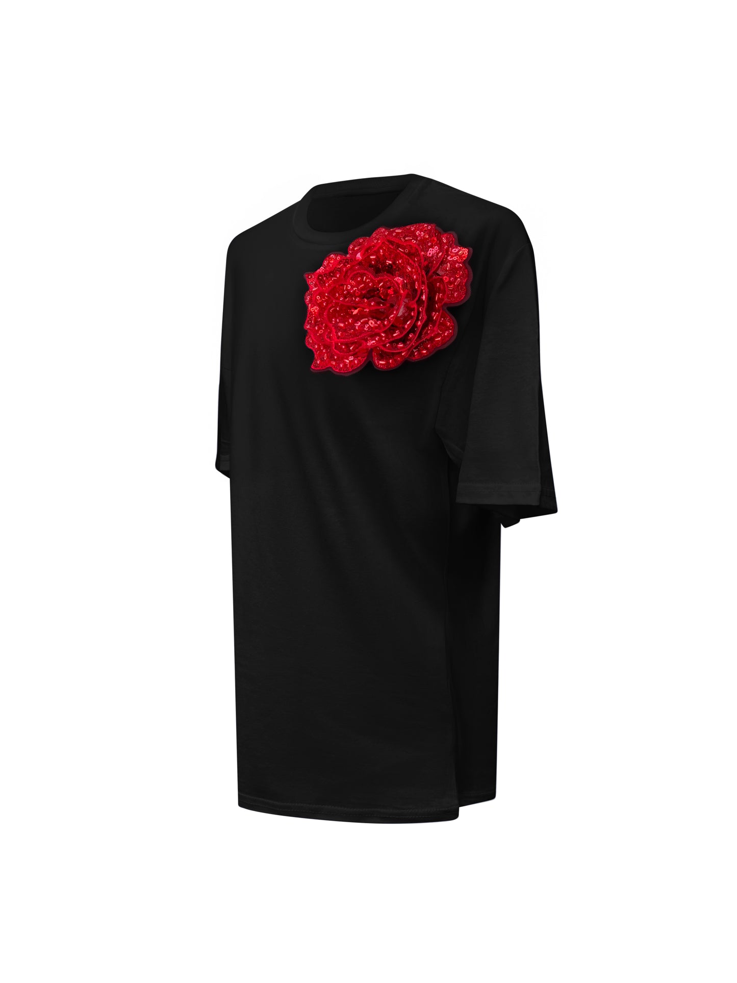 Summer Black Cotton T-Shirt With Red Sided Sequin Rose