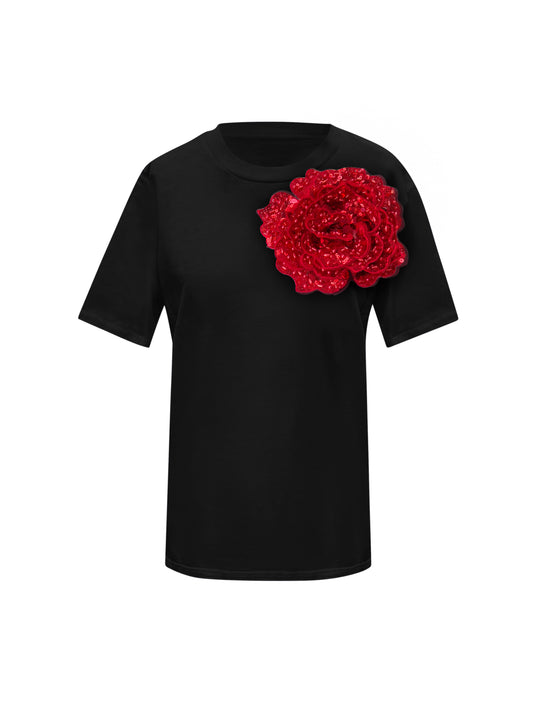 Summer Black Cotton T-Shirt With Red Sided Sequin Rose