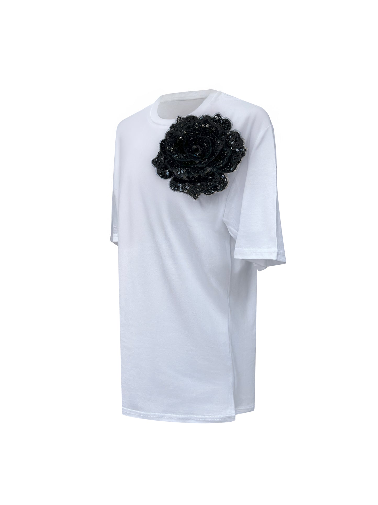 Summer Cotton T-Shirt With Black Side Sequin Rose