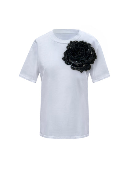 Summer Cotton T-Shirt With Black Side Sequin Rose