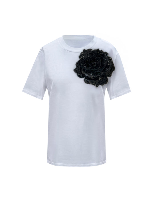 Summer Cotton T-Shirt With Black Side Sequin Rose