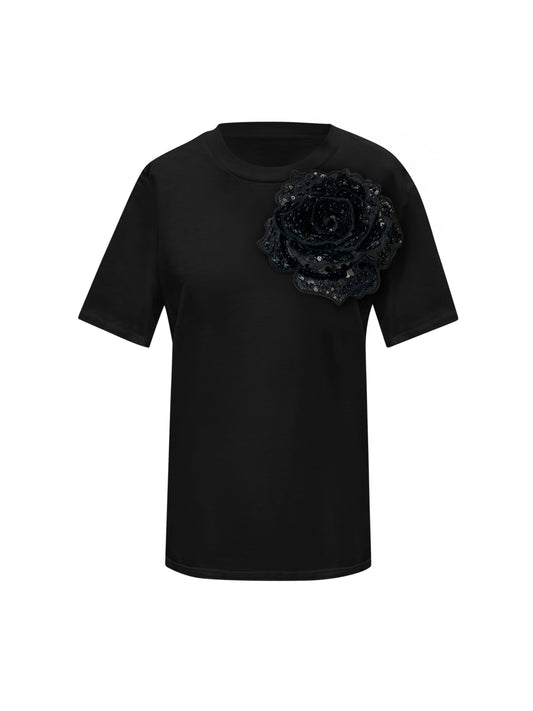Summer Black Cotton T-Shirt With Black Sided Rose