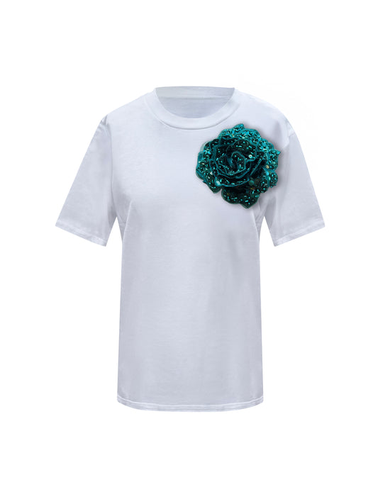 White Cotton T-Shirt With Green Sided Rose