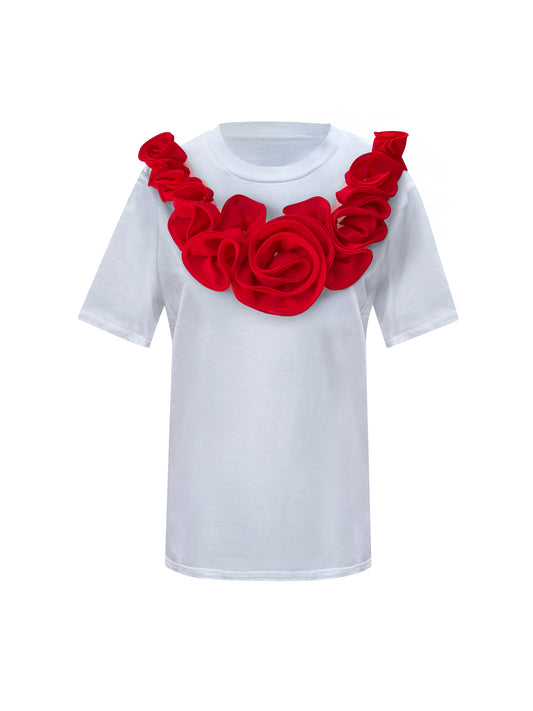 Red Middle Rose Summer Cotton T-Shirt
