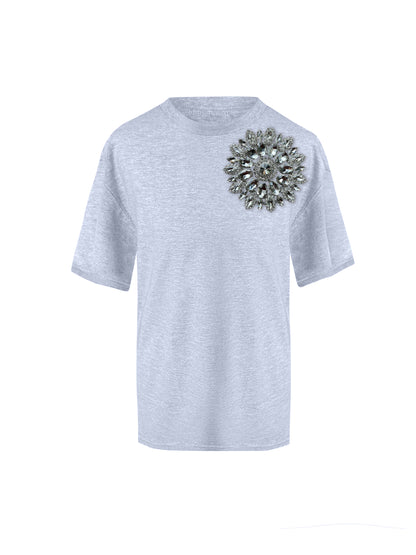 Grey Cotton T-Shirt With Swarovski Crystals