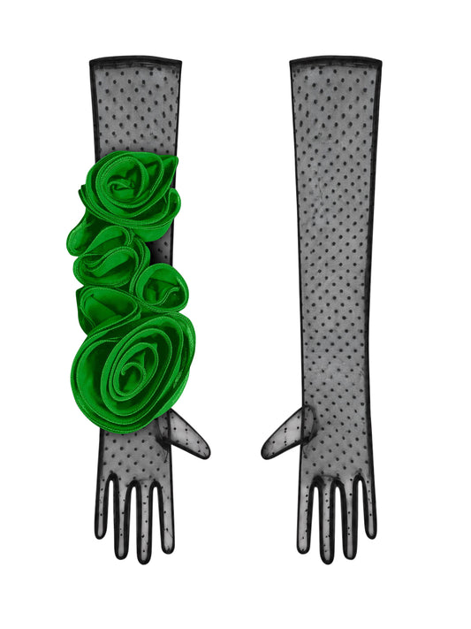 Black Polka Dot Gloves With Green Flower