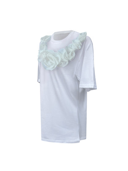 White Middle Rose Summer Cotton T-Shirt