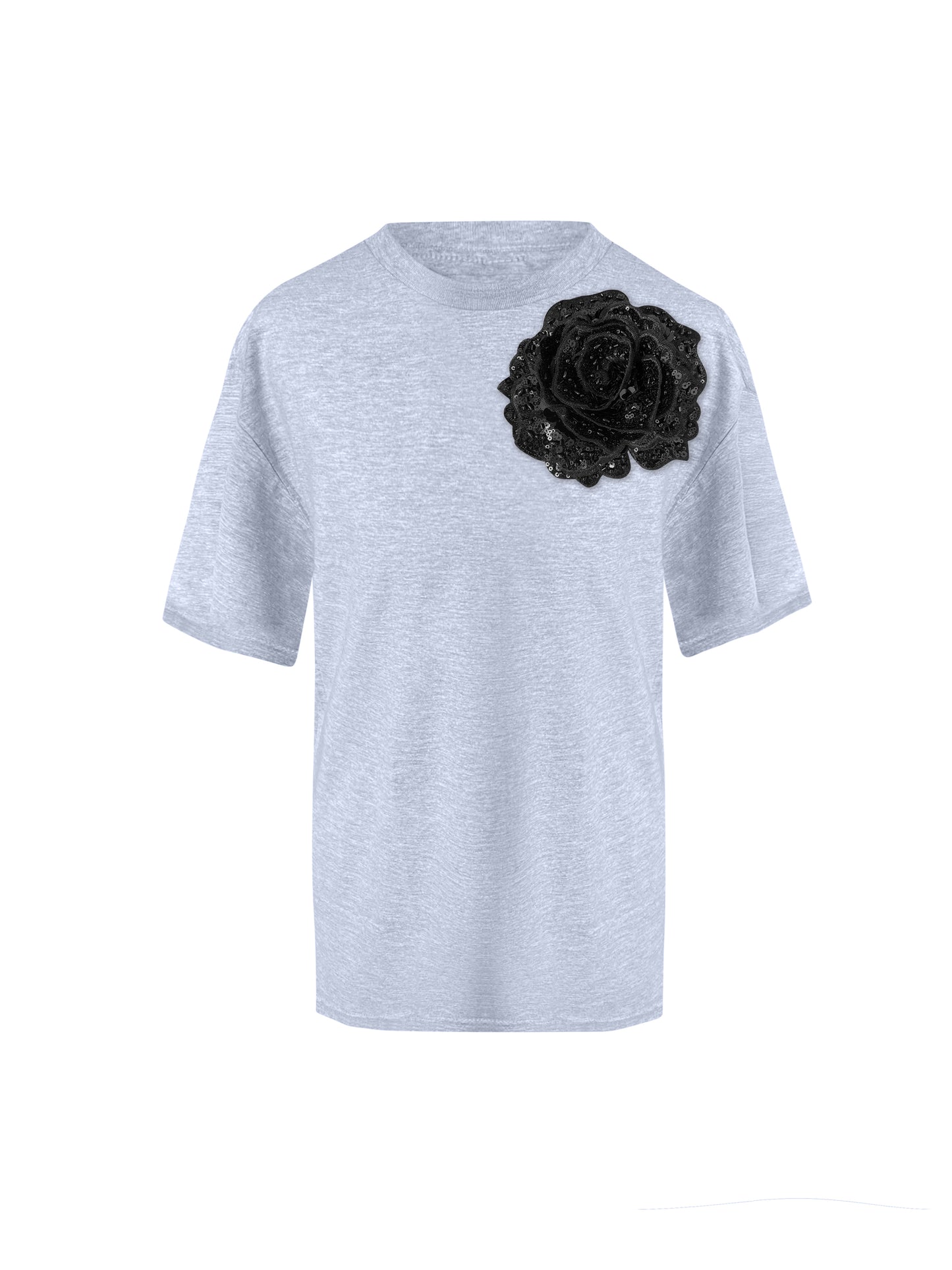 Grey Cotton T-Shirt With Sequin Flower
