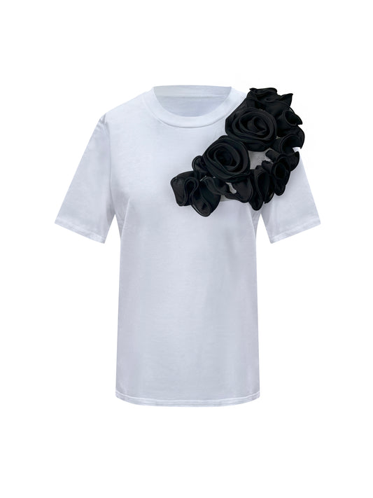 Black Side Rose Summer Cotton T-Shirt