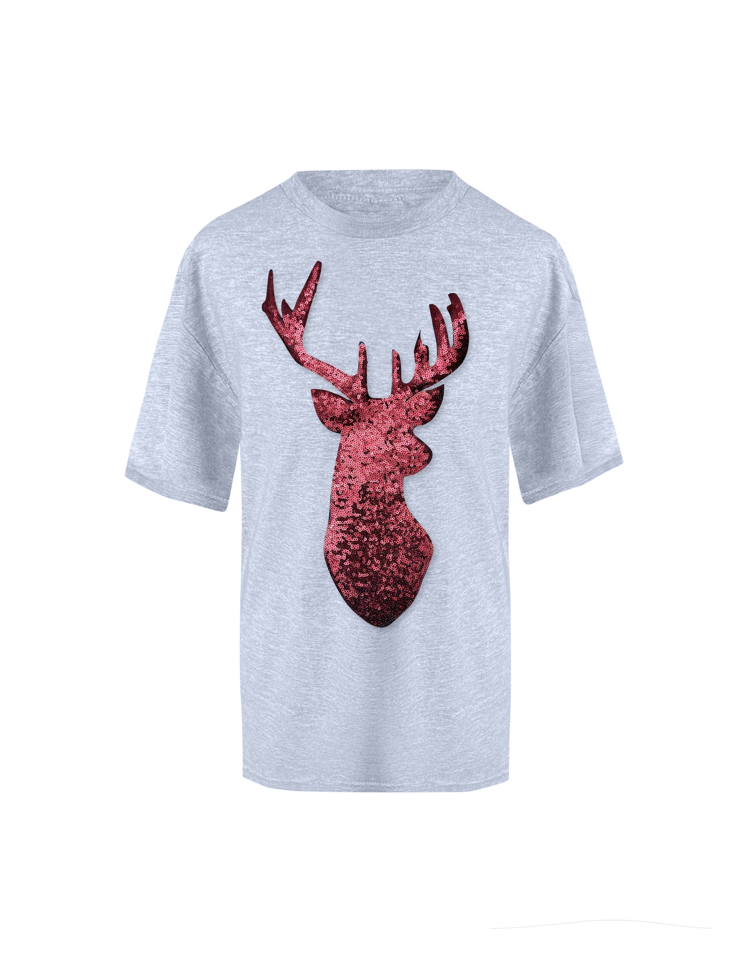 Red Reindeer Christmas Sequin Grey T-Shirt