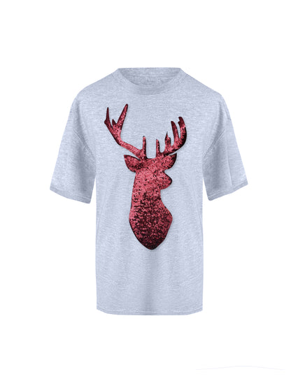 Red Reindeer Christmas Sequin Grey T-Shirt