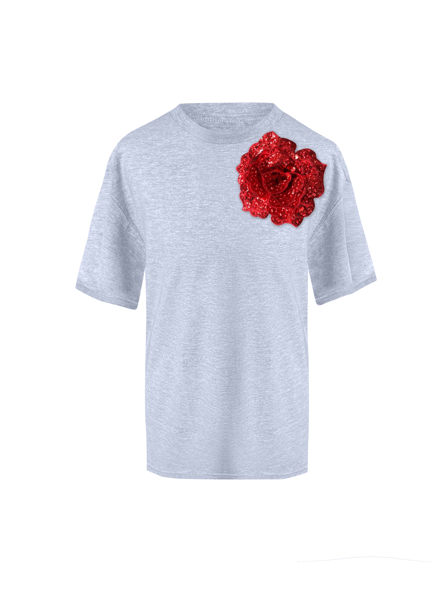 Grey Cotton T-Shirt With Sequin Flower