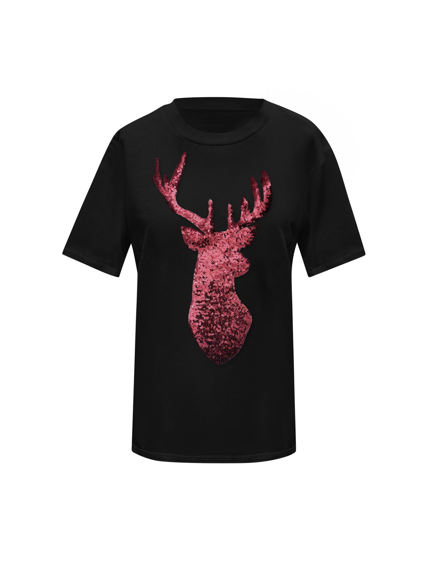 Red Reindeer Christmas Sequin Black T-Shirt