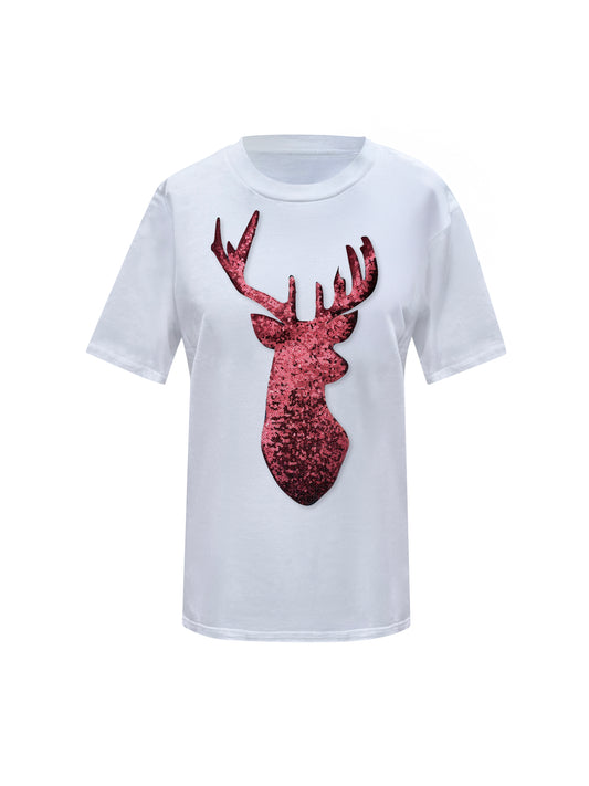 Red Reindeer Christmas Sequin White T-Shirt