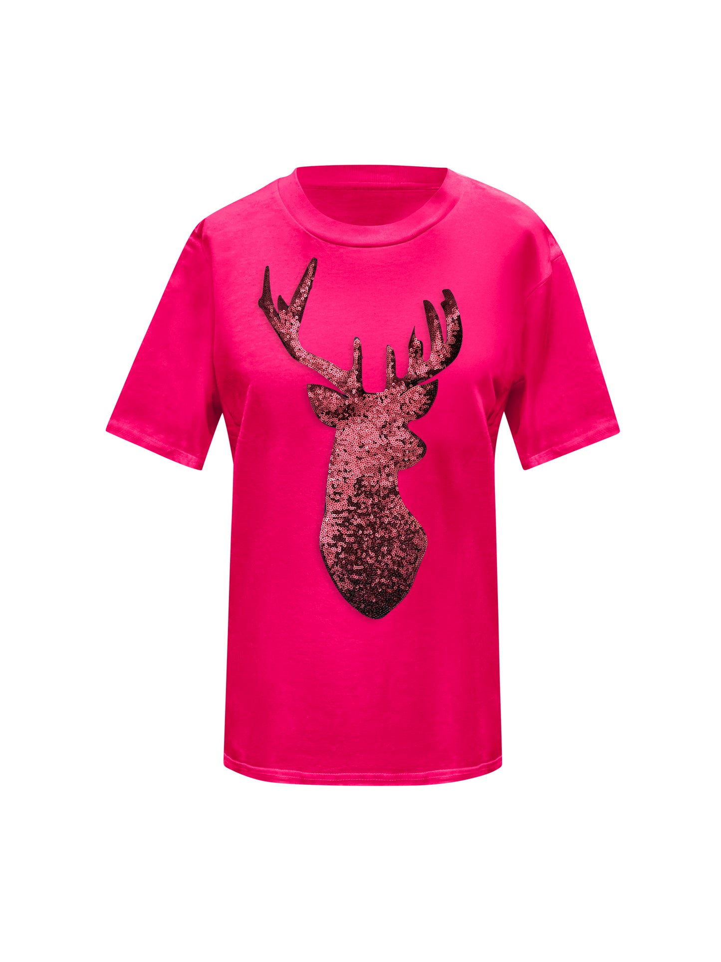 Red Reindeer Christmas Sequin Pink T-Shirt