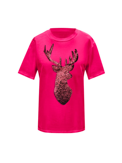 Red Reindeer Christmas Sequin Pink T-Shirt
