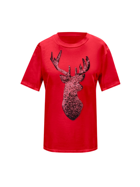 Red Reindeer Christmas Sequin Red T-Shirt