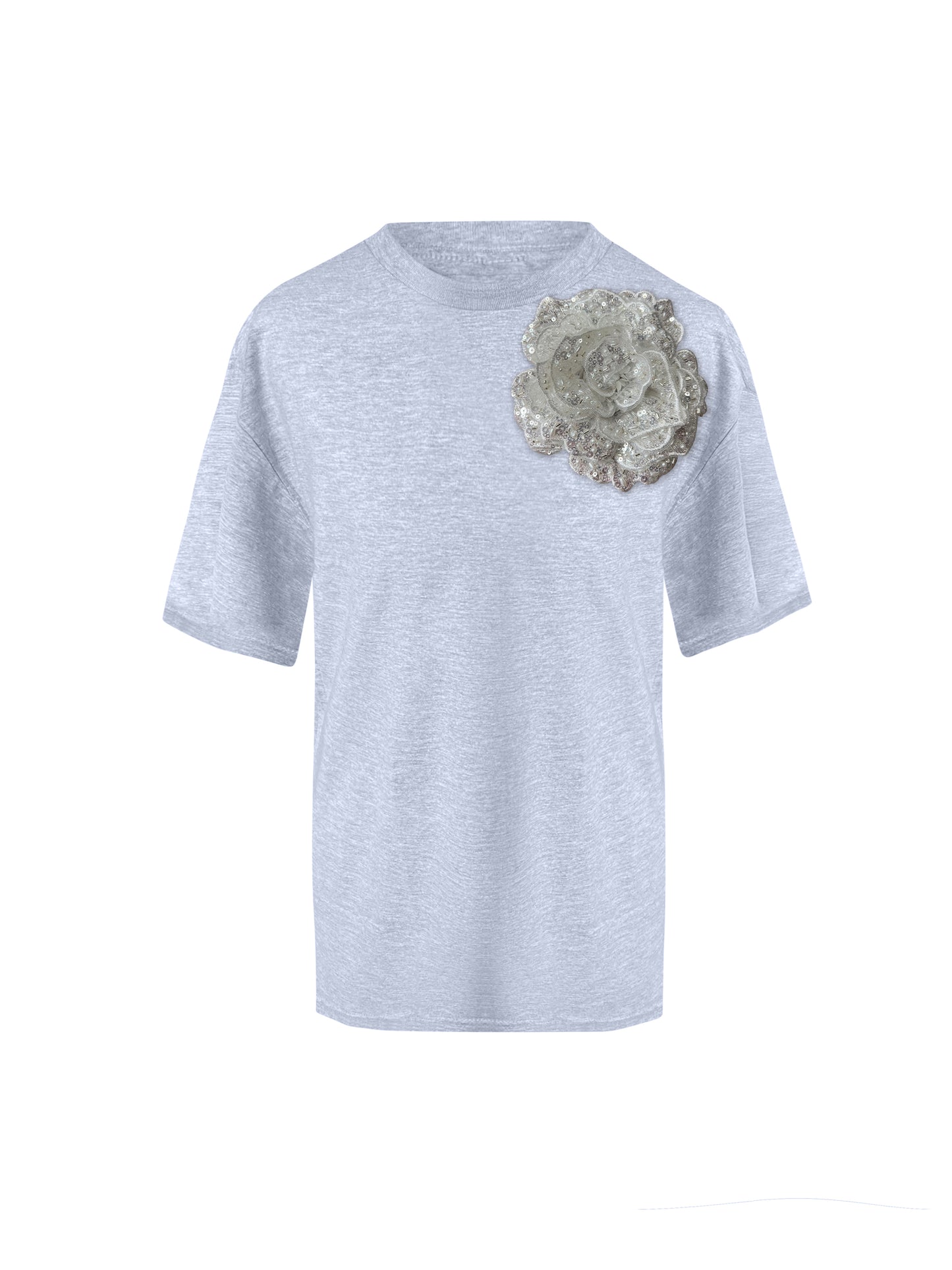 Grey Cotton T-Shirt With Sequin Flower