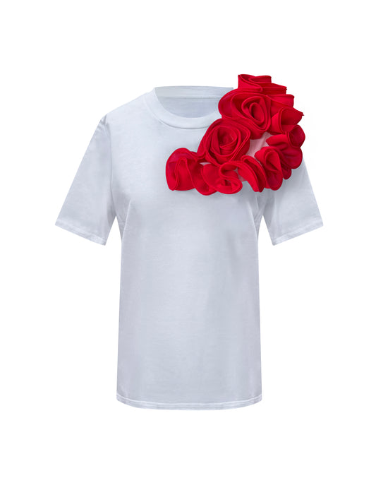 Red Side Rose Summer Cotton T-Shirt