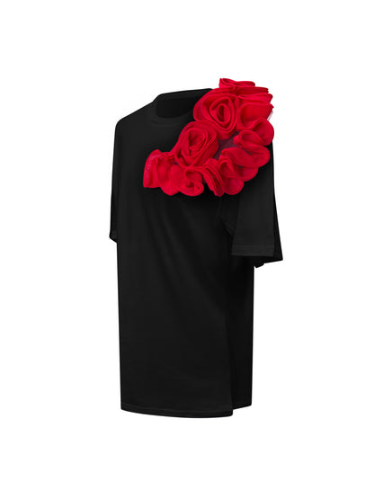 Red Sided Rose Summer Cotton Black T-Shirt