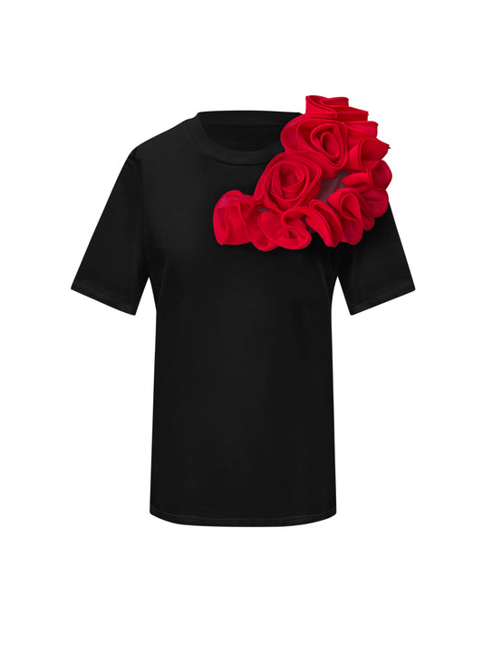 Red Sided Rose Summer Cotton Black T-Shirt