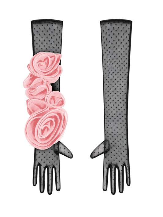 Black Polka Dot Gloves With Pink Flower