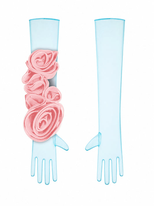 Light Blue Gloves With Pink Flower