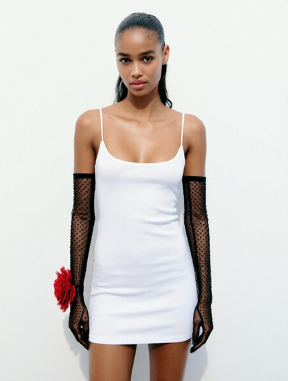 Long Black Flamenco Elegant Gloves With Red Sequin Rose