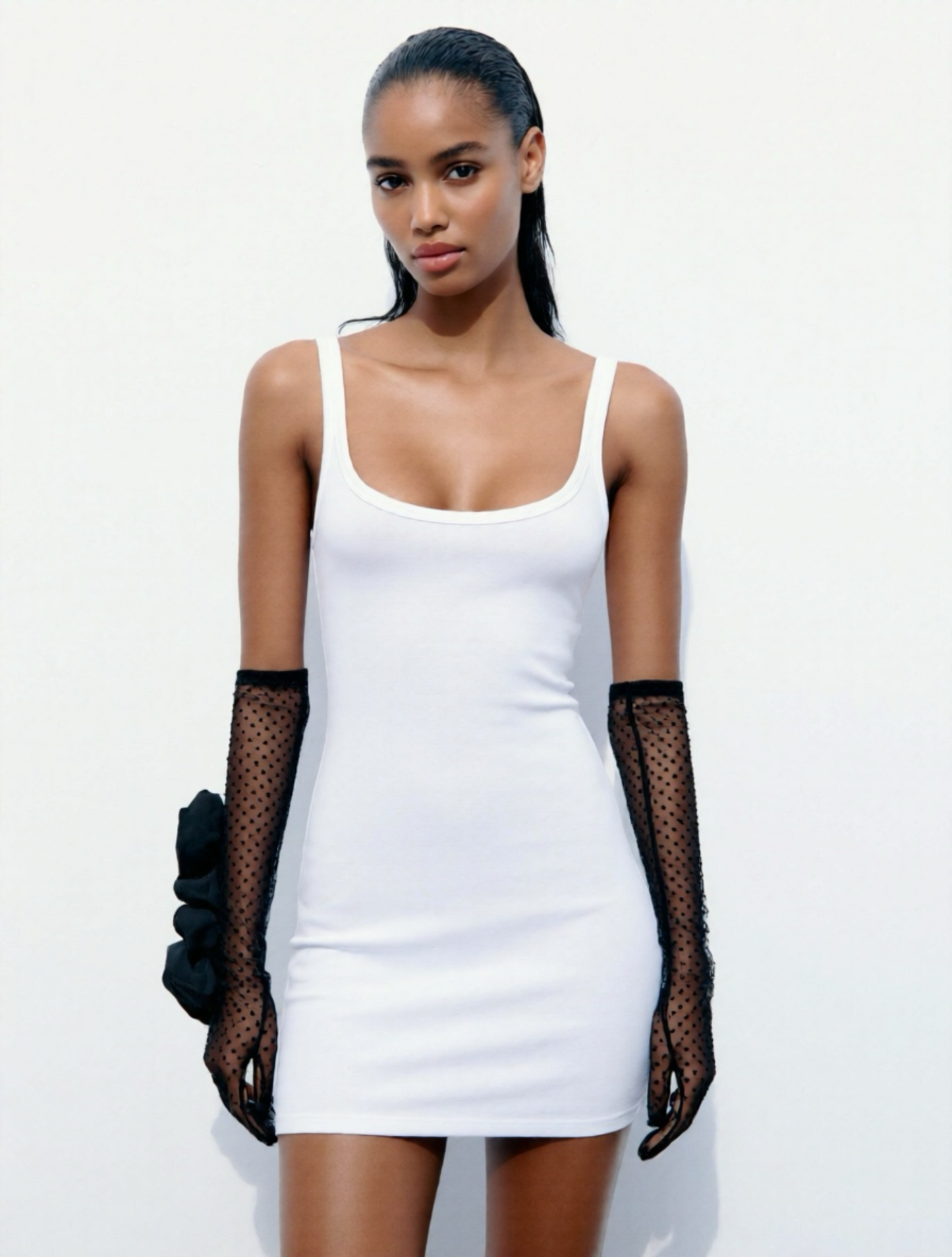 Long Romantic Flamenco Polka Dot Lace Black Gloves