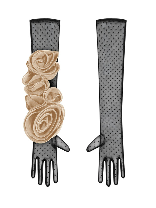 Long Polka Dot Gloves With Beige Flower