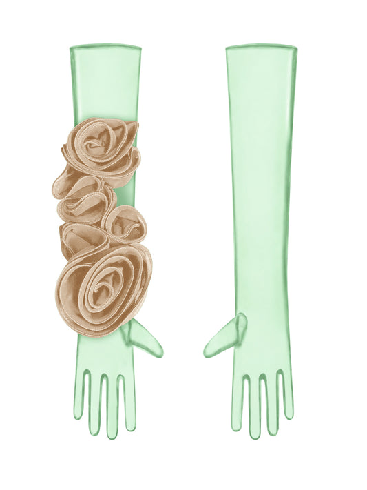 Green Gloves With Beige Flower