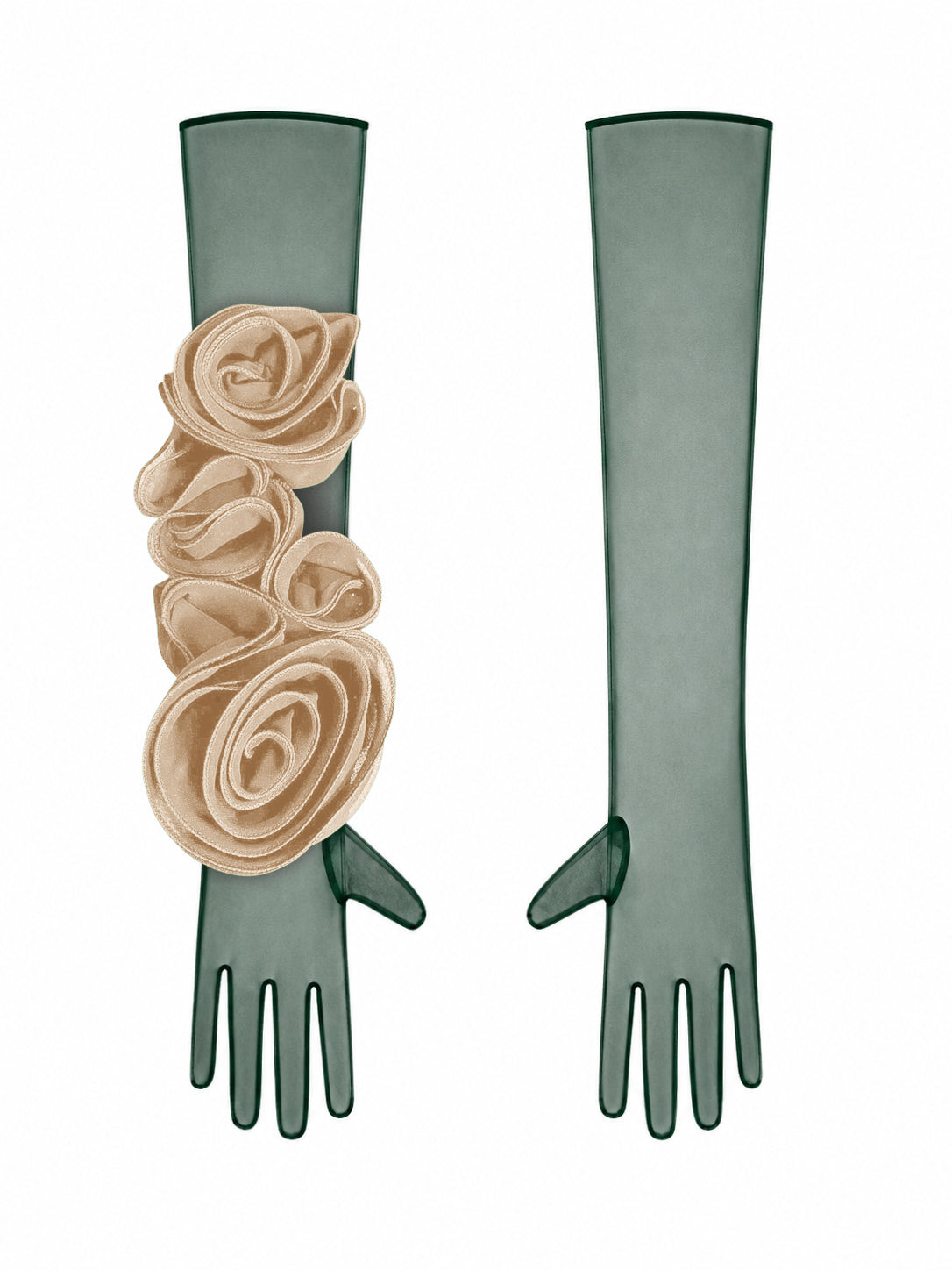 Dark Green Gloves With Beige Flower