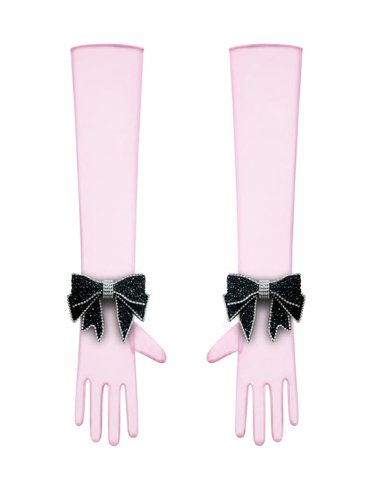 Crystal Black Bow Light Pink Chic Gloves