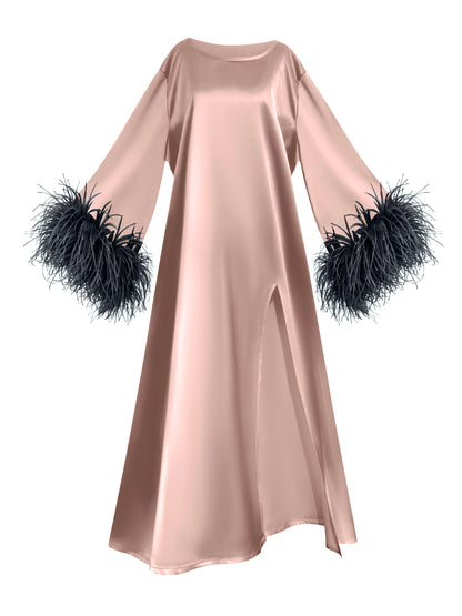 Dusky Pink Island Dress With Black Feathers