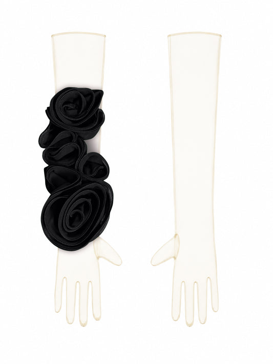 Champagne Gloves With Black Flower
