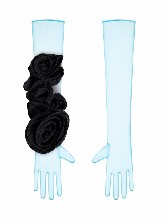 Light Blue Gloves With Black Flower