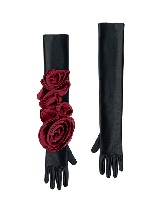 Chic Black Gloves With Burgundy Roses