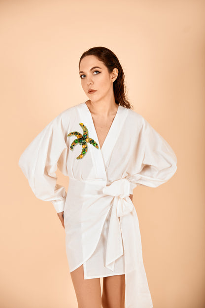 Ibiza Dress Ivory With Green Starfish Rhinestones