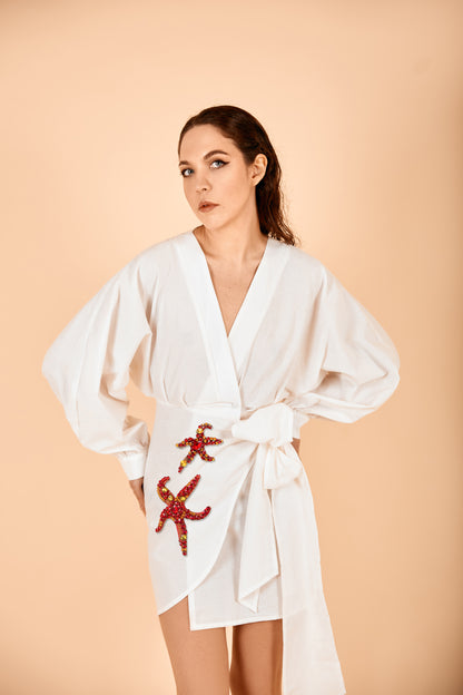 Ibiza Dress Ivory With Red Starfish Rhinestones