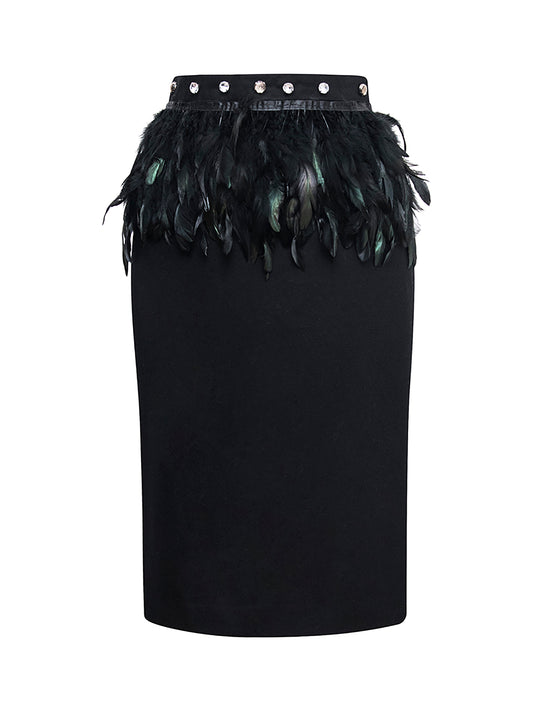 Black Feathers Pencil Skirt With Crystals