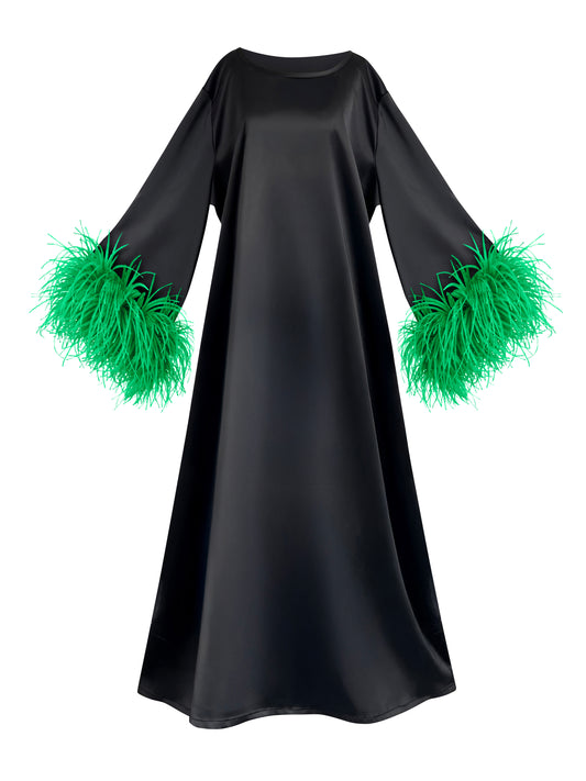 Jess Maxi Black Dress With Green Feathers