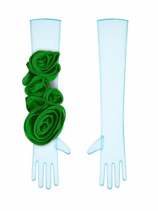 Light Blue Gloves With Green Flower