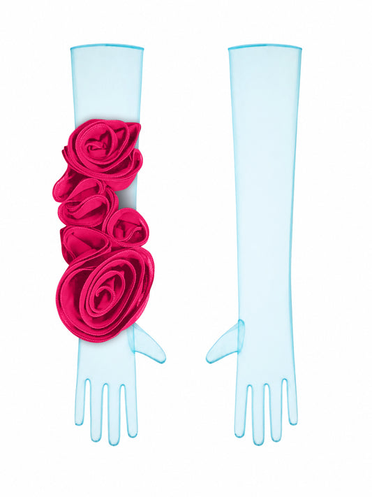 Light Blue Gloves With Fuchsia Flower