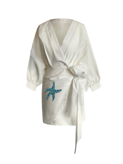 Ibiza Dress Ivory With Blue Starfish Rhinestones