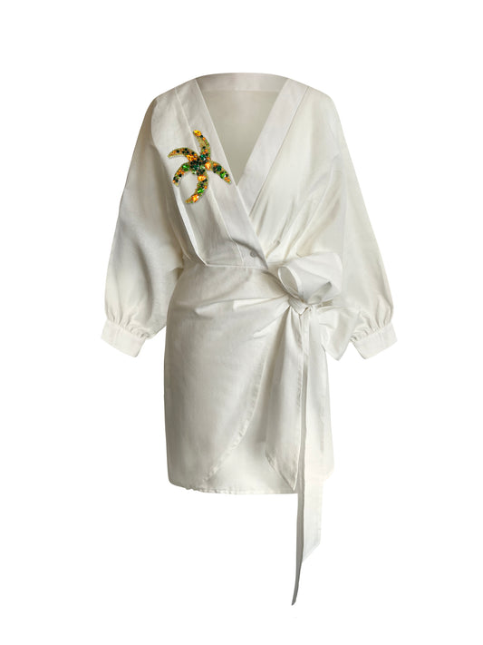 Ibiza Dress Ivory With Green Starfish Rhinestones